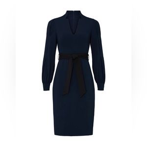 Badgley Mischka Navy Belted V-Neck Sheath